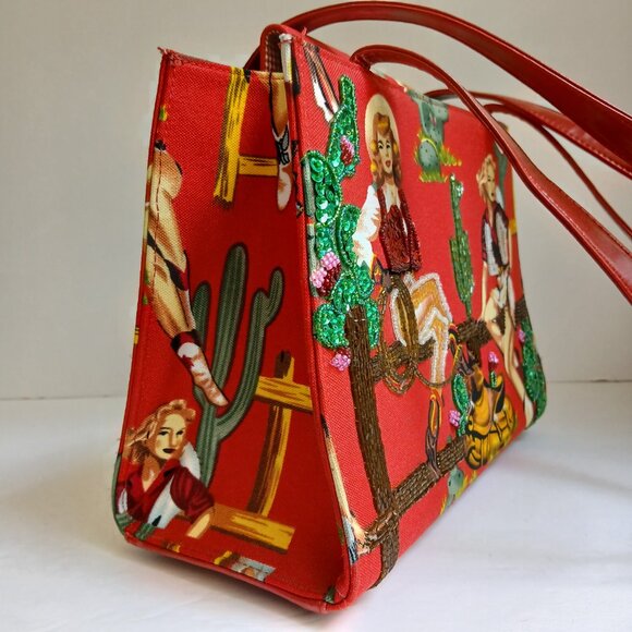 Retro 50's Red Rockabilly Pin Up Cowgirls with Beads & Sequins Shoulder Bag - Picture 9 of 13